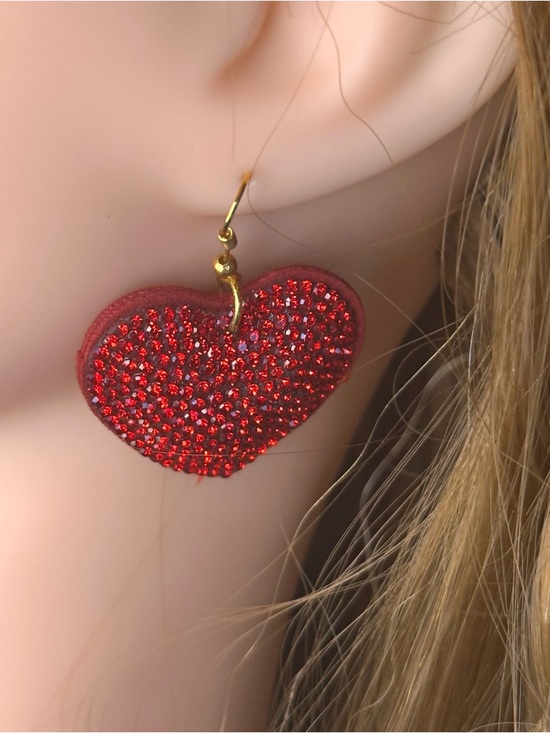 Red Rhinestone Heart Pillow Earrings | Gold Tone Statement Drop Earrings - Picture 2 of 13